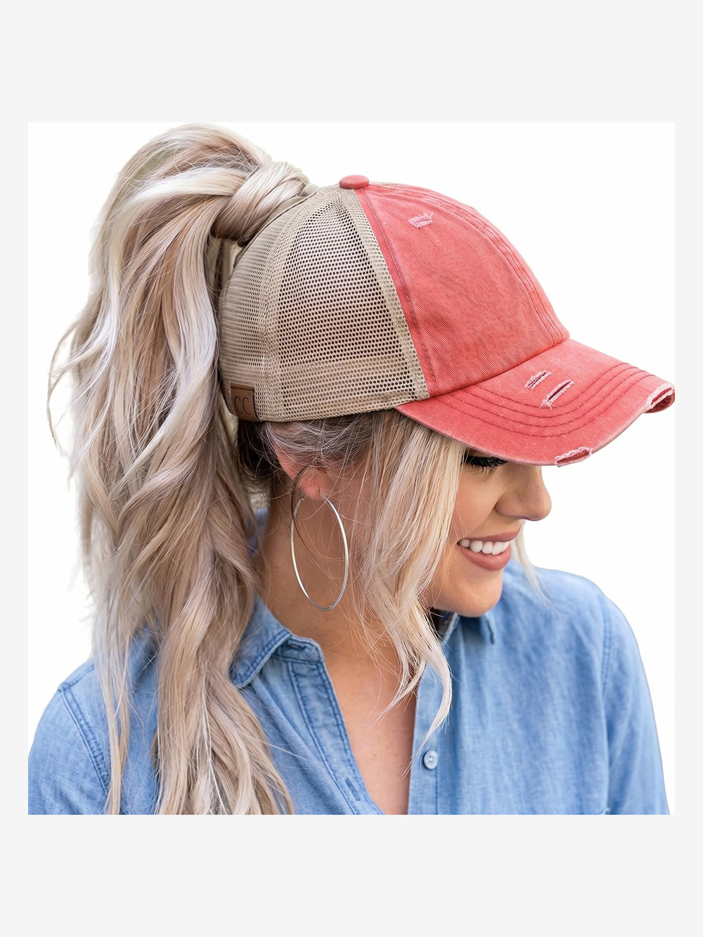 Criss Cross Ponytail Cap, Messy Bun | Beige Mesh, Coral (Distressed) | Size OS